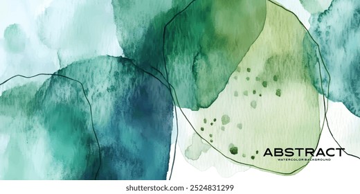 Um trabalho artístico digital com um plano de fundo em aquarela verde e azul com formas e linhas abstratas.