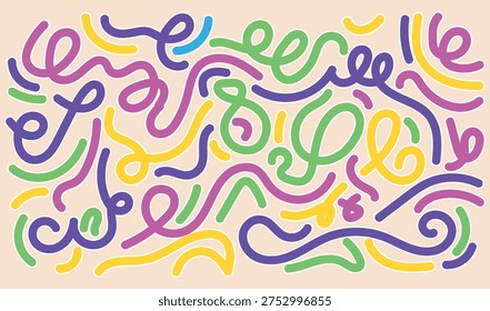 A digital artwork featuring a mesmerizing tangle of colorful swirling lines on a beige background