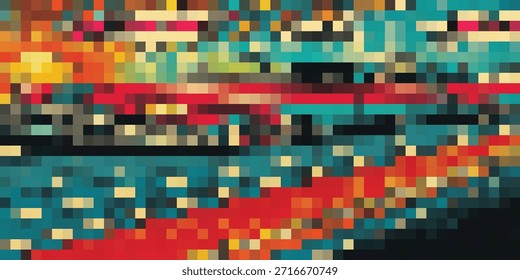 Una obra de arte digital con un mosaico de bloques de píxeles coloridos con una Horizontal línea roja que interrumpe el patrón.