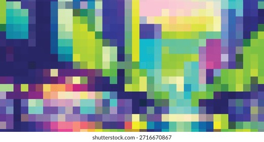 Una obra de arte digital que presenta un mosaico de bloques rectangulares de colores, creando un patrón abstracto y pixelado con una sensación de profundidad y movimiento.