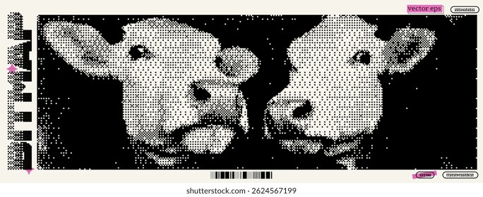 Digital artwork featuring pixelated cows in a black and white motif exploring dadaism and y2k aesthetics