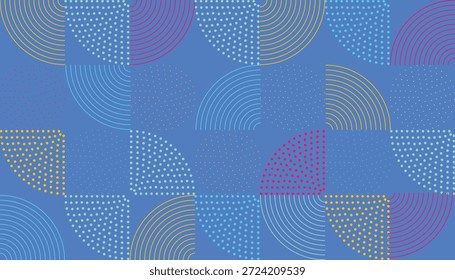 Um trabalho artístico digital com um padrão geométrico repetitivo composto de quadrados e círculos em vários tons de azul e roxo, com detalhes texturizados sutis.