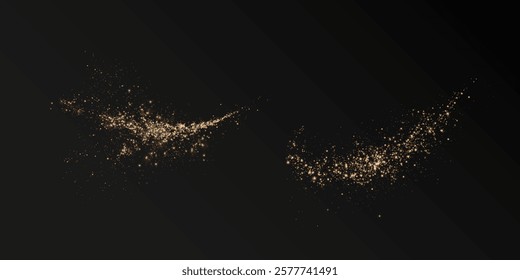 A digital artwork of golden particles and bokeh lights scattered on a dark background, forming two elegant, curved trails resembling sparkling dust or magical energy.