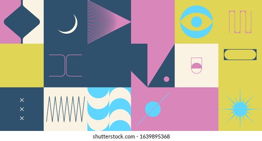 Digital artwork graphic design of simple vector pattern made with geometric shapes and forms, great for web design, website header, business card, invitation, poster, textile print, background.