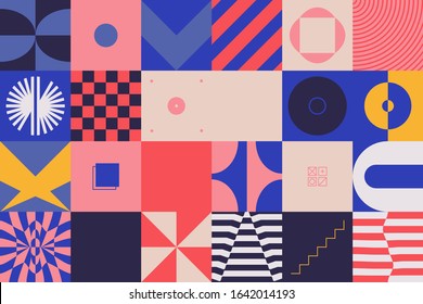 Digital artwork graphic design of simple vector pattern made with geometric shapes and forms, great for web design, website header, business card, invitation, poster, textile print, background.