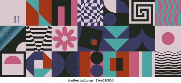 Digital artwork graphic design of simple vector pattern made with geometric shapes and forms, great for web design, website header, business card, invitation, poster, textile print, background.