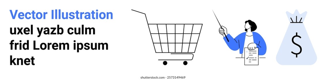 Digital artwork presenting an online shopping cart, a person with a list, and a bag of money. Ideal for e-commerce, financial planning, online retail, budgeting, and economic growth themes. Banner