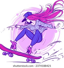 Digital artwork of a redhead girl wearing a cool urban hat and doing tricks on her skateboard. Skater with jeans performing on the board.