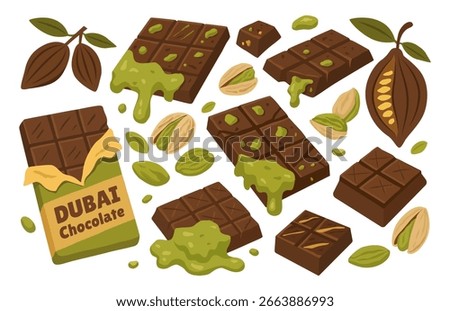 Digital artwork showcasing pistachio-filled chocolate bars with cocoa pods, pistachios, and greens; highlights uniqueness and high-quality craftsmanship