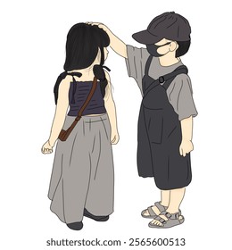 Digital artwork showing a warm interaction between two stylized characters wearing casual outfits, symbolizing connection and friendship. Ideal for illustrating relatable emotions and moments of human