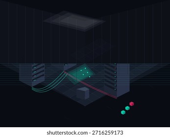 A arte digital mostra uma cena 3D com estruturas e linhas de luz em um espaço escuro