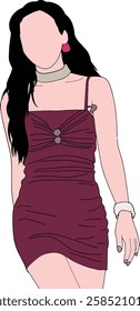 Digital artwork of a stylish woman wearing a fashionable burgundy dress complemented by elegant accessories, depicting modern sophistication and artistic minimalism.