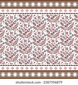 digital artwork with wild flowers seamless pattern and traditional border embroidery
