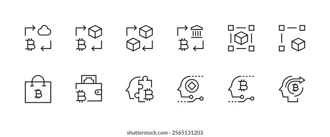 Digital asset icon collection. Bitcoin, digital money, blockchain, cryptography, fintech and more. Editable stroke. Pixel Perfect. Grid base 32px.