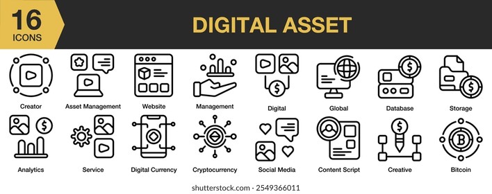 Conjunto de ícones de Ativo digital. Inclui criador, site, serviço, digital, global, gerenciamento, mídia social e muito mais. Contornar coleção de vetores de ícones.