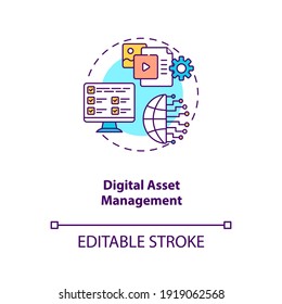 Digital asset management concept icon. Asset management type idea thin line illustration. Storing, sharing and organizing capital. Vector isolated outline RGB color drawing. Editable stroke