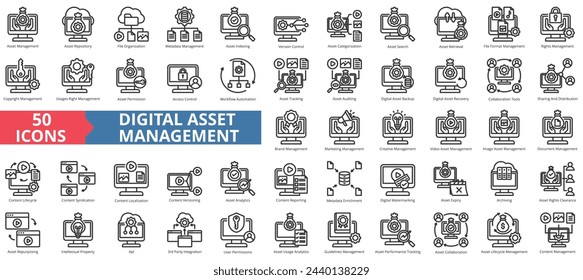 Digital asset management icon collection set. Containing repository, cloud file ,database ,indexing, version control, cms, content icon. Simple line vector illustration.