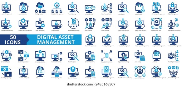 Kollektion für das Symbol "Digital Asset Management". Enthält Repository, Cloud-Datei ,Datenbank ,Indizierung, Versionskontrolle, CMS, Content-Symbol. Einfache flache Vektorillustration.