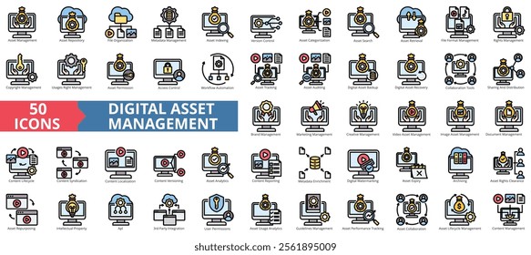 Digital asset management icon collection set. Containing repository, cloud file ,database ,indexing, version control, cms, content icon. Simple flat outline color illustration