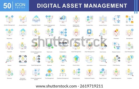 Digital Asset Management icon collection set. Containing repository, cloud file ,database ,indexing, version control, CMS, content icon. Simple vectors illustration.