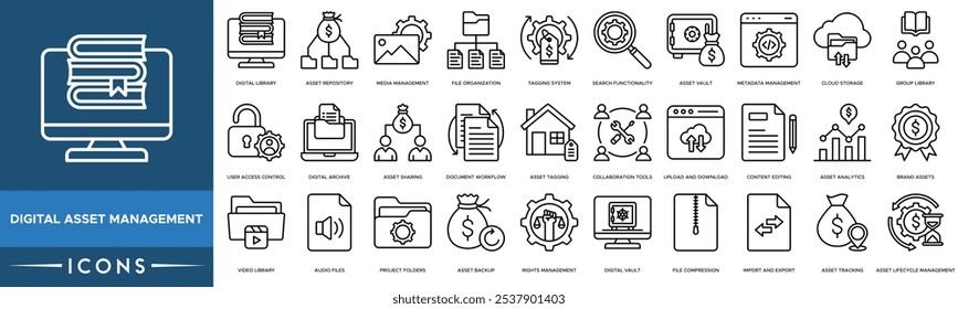 Symbol für die Verwaltung digitaler Objekte. Digitale Bibliothek, Asset Repository, Medienverwaltung, Dateiorganisation und Kennzeichnungssystem