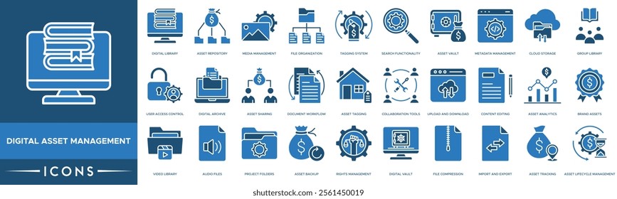 Digital asset management icon. Digital Library, Asset Repository, Media Management, File Organization and Tagging System