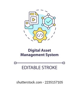 Symbol für das Konzept des digitalen Asset-Management-Systems Unternehmenssoftware. CMS für Unternehmen abstrakte Idee, dünne Illustration. Einzeln Umrisszeichnung. Bearbeitbarer Strich. Arial, Myriad Pro Fett Schriftarten verwendet