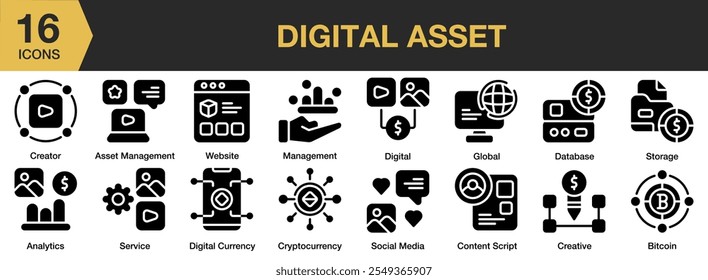 Conjunto de iconos sólidos de Digital Asset. Incluye creador, Sitio web, servicio, digital, global, administración, redes sociales y más. Colección de Vector de iconos sólidos.