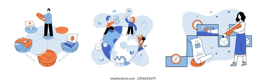 Digital asset vector illustration. Digital assets play crucial role in economic ecosystem, driving financial growth and innovation The concept digital assets encompasses wide range intangible forms