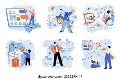 Digital asset vector illustration. The concept digital assets encompasses wide range intangible forms value Non fungible tokens NFTs enable ownership and trading unique digital assets Bitcoin