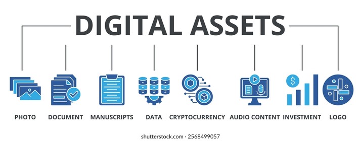 Digital assets flat banner icon of photo, document, manuscripts, data, cryptocurrency, audio content, investment, logo