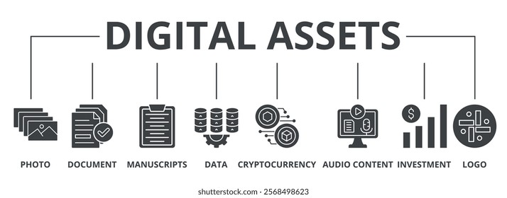 Digital assets glyph banner icon of photo, document, manuscripts, data, cryptocurrency, audio content, investment, logo