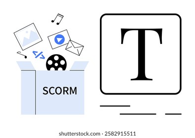 Digital assets like images, video, code, email, and audio emerge from a SCORM package. Large text symbol on the right with decorative lines. Ideal for eLearning, content management, instructional