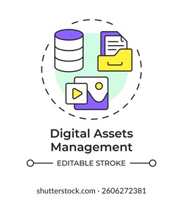 Digital assets management multi color concept icon. E commerce data storage system. Feature of PIM. Round shape line illustration. Abstract idea. Graphic design. Easy to use in presentation
