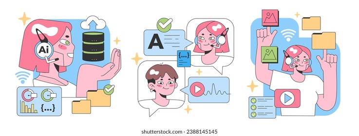Digital Assistance set. Characters interact with AI and technology. Exploring data, managing tasks, virtual communication. Visual content and device usage. Flat vector illustration.