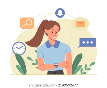 Digital Assistant concept. Smartwatch on woman hand notifies about messages, searches for information and shows time. Artificial intelligence or modern technologies. Cartoon flat vector illustration