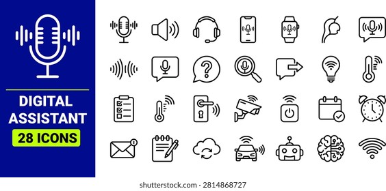 Digital Assistant Line Icons Set - Voice Assistant, Smart Device, AI Assistant, IoT, Automation Outline Vector Collection