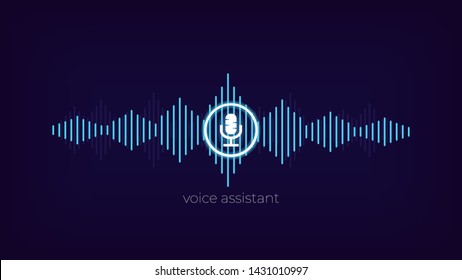 Digital assistant . Voice recognition app . Sound wave and microphone background . 