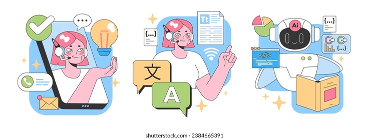 Digital Assistants Unleashed set. From making calls, creative brainstorming, coding, to AI analytics. Multitasking, real-time solutions, language translation. Flat vector illustration