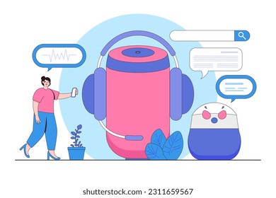 Asistencia digital y concepto de reconocimiento de voz con una persona que interactúa con un orador inteligente y solicita un asistente virtual para información.