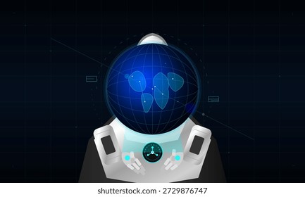 Un astronauta digital se muestra de pie frente a un planeta azul. La figura está diseñada para representar la exploración moderna del espacio virtual y los datos. Destaca la importancia de las conexiones globales.