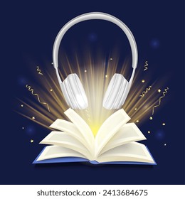 Libro de audio digital con ilustración vectorial de auriculares. Libro de texto abierto con luz brillante, estrellas doradas, batidos de confeti y diseño de auriculares. Bookstore, concepto de podcast intelectual