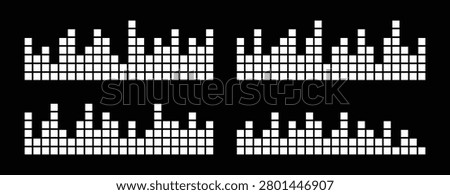 Digital audio equalizer bars set with pixel style sound visualization elements. Modern music spectrum indicators isolated on black for media, broadcasting, apps, and technology designs.