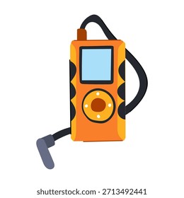 Leitor de áudio digital que proporciona entretenimento portátil, com uma tela de exibição, botões de controle circulares e uma tomada de áudio conectada para ouvir música
