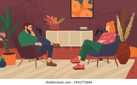 Digital audio podcast concept illustration in trendy interior. Female sitting in chair with microphone and interviewing guest. Voice content streaming or record for application platforms vector.