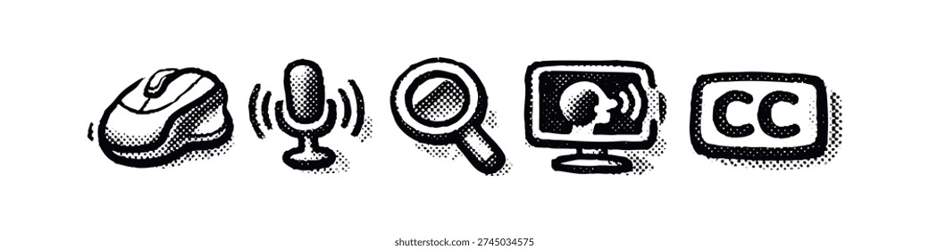Digital Audio, Search, and Accessibility Icons Set with Mouse, Microphone, Magnifying Glass, and Closed Captions