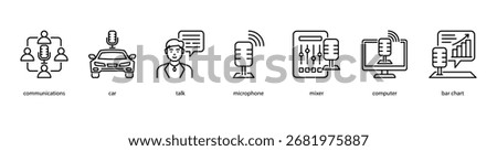 Digital Audio Tools web banner icon vector illustration featuring showcasing communications, car, talk, microphone, mixer, computer, and bar chart for creative podcasting.