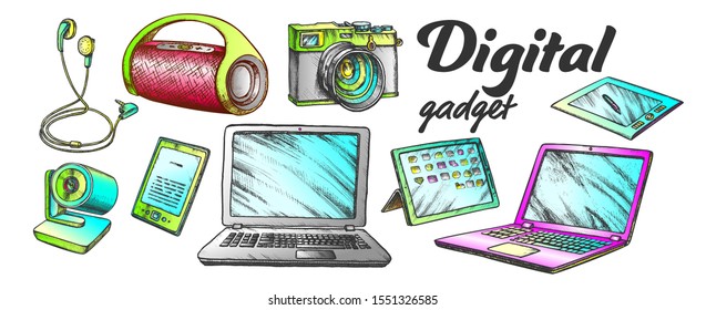 Digital Audio And Video Gadgets Retro Set Vector. Laptop And Tablet, Web And Photo Camera, Earphone And Wireless Speaker Gadgets. Engraving Template Designed In Vintage Style Color Illustrations