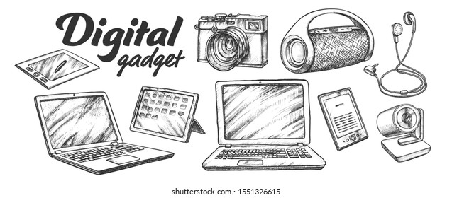 Digital Audio And Video Gadgets Retro Set Vector. Laptop And Tablet, Web And Photo Camera, Earphone And Wireless Speaker Gadgets. Engraving Template Designed In Vintage Style Monochrome Illustrations