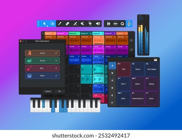 Aplicación DAW Digital Audio Workstation. Programa para crear, grabar, mezclar y masterizar música y otros audios. Ilustración vectorial